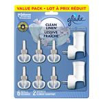 Glade PlugIns Air Freshener Starter Kit, Scented and Essential Oils for Home and Bathroom, Clean Linen, 2 Warmers and 6 Refills