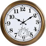 QWARVEL 16 Inch Large Outdoor Clock, Retro Waterproof Indoor/Outdoor Clock Non-Ticking Clock with Thermometer, Battery Operated Wall Clock for Patio, Garden, Pool - Bronze