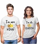 Hangout Hub Hangout-Hub850$P Couple T Shirts for Couples | Printed I Am Her King His Queen-GC (White;Men L, Women S) T-Shirt for Men Women Couples (Set of 2 | Regulat Fit | Cotton)