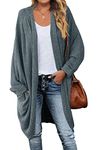 MEROKEETY Women's Waffle Knit Batwing Long Sleeve Cardigan Loose Open Front Sweater Coat, Dustygreen, Large