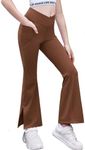 Zaclotre Girls' Flare Leggings with Split Hem Cross High Waist Yoga Bootcut Athletic Kid Bell Bottom Pants with Pockets Brown