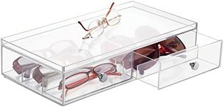 mDesign Wide Stackable Plastic Eye Glass Organizer Box Holder for Sunglasses, Reading Glasses, Lens Cleaning Cloths, Accessories - 2 Divided Drawers with 6 Sections, Chrome Pulls, Clear