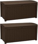 Keter 2-Pack Borneo 110 Gallon Deck Box Organizer, Doubles as 2-Person Bench Seat, Brown – Large Resin Outdoor Storage and Seating with Lockable Lid for Garden, Pool, and Patio
