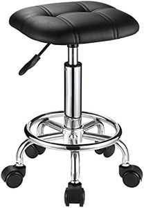 FNZIR Square PU Cushion Rolling Stool with Wheels Height Adjustable Swivel Stools Chair Black