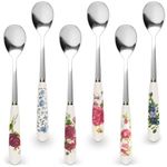 6 pcs Chinese Flower Pattern Stainless Steel Coffee Spoon Ceramic Handle Teaspoon Sugar Spoon Ice Cream Desert Spoon Stirring Soup tableware