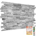 3D Wall Panels with Adhesive Included - 4 Sheets Covering 19.84 sqft (1.84 sqm) Decorative PVC Plastic Cladding Panel Size 37.79 x 18.89 in (96x48 cm) – Grey Natural Stone Brickwork Pattern