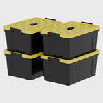 Cetomo 95Qt*4 Durabilt Flip Lid Stackable Heavy Duty Tough Storage Container Tote, Plastic Storage Bins, Storage Box, Black Base with Yellow Lid (4 Pack)