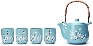 6 1/2" Deluxe Teal with White Plum-Flower Japanese Ceramic Tetsubin Teapot & Teacups, Tea Set, Stainless Steel Infuser & Rattan Handle Included