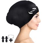 Women Silicone Swimming Cap, High Elasticity Thick Swim Hats for Long Hair, Bathing Swimming Caps for Women and Men Keep Your Hair Dry, with Ear Plugs and Nose Clip, Easy to Put On and Off