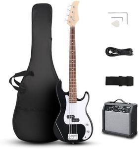 Ktaxon Full Size Bass Guitar 4 String Electric Bass Guitar Kit with Solid Wood Body, Dynamic Tone & Fantastic Hand Feeling Includes 20W Amp, Cable, Strap, Pick and Wrench(Black)