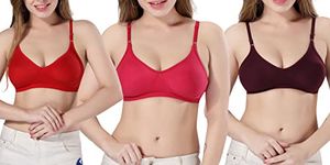 TRASA Women's & Girl's Seamless Cotton Non Padded Non-Wired T-Shirt Bra (Pack of 3) - Size - 36, Colour - Red,Pink,Purple