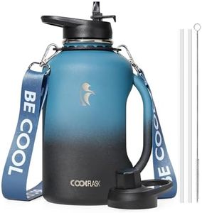 Half Gallon Water Bottle with Handle, Coolflask 64 oz Insulated Stainless Steel Water Jug Metal Double-Walled Vacuum Large Flask with Strap Straw Leakproof, Keep Cold 48 Hrs Hot 24hrs