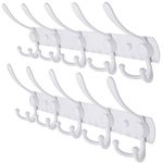 Dseap Wall Mounted Coat Rack - 5 Tri Hooks, Heavy Duty, Stainless Steel, Metal Coat Hook Rail for Coat Hat Towel Purse Robes Mudroom Bathroom Entryway (White, Pack of 2)