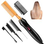 Professional Hot Comb Hair Straightener Set - Electric Hot Comb with 3 Pcs Slick Back Brushes, Styling Kit for Sleek Hair, Frizz Control & Flyaway Taming, for All Hair Types(4P)