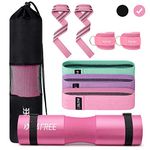 G4Free 9Pcs Barbell Pad Set for Squat, Hip Thrusts, Lunges, Leg day, Standard Olympic Bars with 2 Gym Ankle Safety Straps, 3 Hip Resistance Bands, 2 Lifting Strap, Barbell Pad, and Carry Bag (Pink)