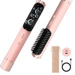 Cordless Hair Straightener Brush Negative Ion Hair Straightener Comb Portable Hair Straightener Brush for Women with Type-C Rechargeable Anti-Scald & Auto-Off Feature Fast Heating & 3 Temp Settings (Pink)