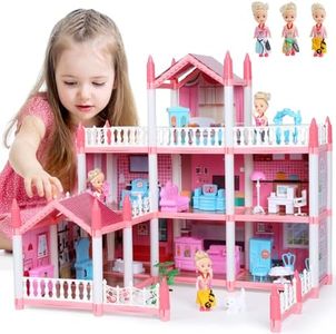 Skirfy Dollhouse with Colorful Light, Pretend Play Toddler Doll House Furniture Sets with 3 Dolls, 9 Rooms DIY, Creative for Girls