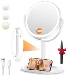 Auxmir 30X Magnifying Mirror with Light, 9'' Rechargeable Makeup Mirror with Tweezer, 3 Color Stepless Dimmable Mirrors with Phone Holders, 360° Free Standing Detachable Vanity Mirrors for Bedroom