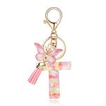 QUKE Fashion Alphabet Initial Letter Keychain Pink Tassel Butterfly Pendant Key Ring for Purse Schoolbags Women Girl - T