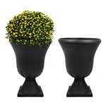 Worth Garden 2-Pack Plastic Urn Planters for Outdoor Plants, 22'' Black Tall Round Classic Resin Traditional Flower Pots - 15 in. Dia. Large Imitation Stone Decorative Pot Patio Deck Front Porch