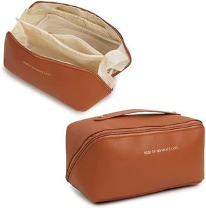 Niwlix Travel Cosmetic Makeup Pouches for Women Travel Organizer Bag Portable Pouch Open Flat Toiletry Bag Make Up Organizer with Divider and Handle (Brown)
