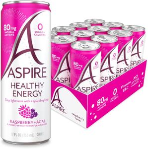 Aspire Healthy Energy, Raspberry Acai, 24 Pack, Sugar Free Energy Drink,12 oz Cans, 80 mg of Natural Caffeine, Zero Sugar, Sparkling Caffenated Drink, Natural Energy with Vitamins B & C, Keto Drink, Vegan and Kosher Friendly
