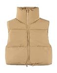 UANEO Cropped Puffer Vest Women Zip Up Stand Collar Sleeveless Padded Crop Puffy Vests, Khaki, Medium