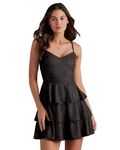 ADDYVERO V-Neck Shoulder Straps Sleeve Glam Glitter Ruffled Tiered Fit Above Knee Length Women Solid Fit and Flare Dress (Black, L)