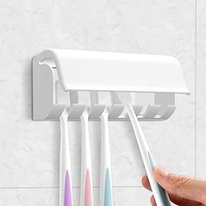 Linkidea 6 Compartment Wall Mounted Toothbrush Holder RV Mirror Toothbrush Organizer with Cover, Self Adhesive Toothbrush Storage Stand