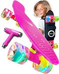 Deleven 22” Skateboard for Kids with Bright LED Wheels - Complete Gift Set with Carry Bag & Skate Tool - Mini Cruiser Retro Light Up Skateboard Made for Beginners, Girls & Boys