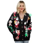 Giggling Getup Women's Ugly Sweater Cardigan, Christmas Light Up Rudolph Reindeer Jumper, Black, Medium