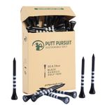 Putt Pursuit 7cm/70 mm Black Golf Tees with 4 White Strips (50 Pack) - Premium Natural Bamboo Wood Material - Sturdy, Biodegradable & Sustainable - Professional Tees - Curved Top for reduced friction