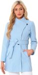 Allegra K Women's Classic Stand Collar Long Sleeve Winter Belted Long Coat Light Blue Large