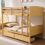 AMERLIFE Twin Over Twin Bunk Bed with Storage Drawers, Solid Rubberwood 2-in-1 Convertible Loft Beds with Ladders, Modern Detachable Bed Frame for Kids and Teens Bedroom, Natural Wood