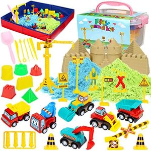 Kids Sand Kit, 43PCS Set w/Tools, 6 Construction Trucks & Castle Molds, Foldable Sand Box Storage Bin Tote, Toys for Boys Girls