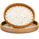 Frcctre 2 Pack Round Rattan Serving Tray with Mother of Pearl Inlay Wooden Base, Decorative Wicker Baskets Woven Serving Tray for Bread Fruit Food Coffee Breakfast, Storage and Display, 2 Sizes