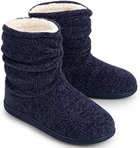 LongBay Women's Chenille Knit Bootie Slippers Cute Plush Fleece Memory Foam House Shoes (X-Large / 11-12 B(M), Navy Blue)