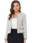 Allegra K Women's Plaid Tweed Blazer Suit Blazers Long Sleeve Open Front Work Office Short Jacket White 12