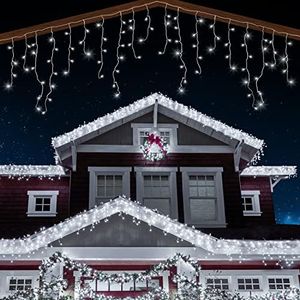 ANSIO® Outdoor Christmas Lights 320 LED 11m/35ft Icicle Lights Outdoor & Indoor Cool White Decorations String Fairy Outside Lights with Timer for Xmas Garden Bedroom & Party|Mains Powered White Cable