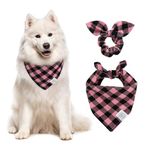 E-Clover Dog Bandana & Matching Scrunchie Girl Dog Bandanas Pink Plaid Pet Scarf Bib for Medium Large Dogs Owner Mom Gift