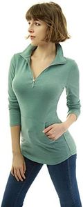 AmélieBoutik Women Quarter Zip Pocket Curve Hem Tunic Top (Heather Light Green X-Large)