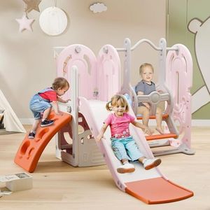BIERUM 5 in 1 Toddler Slide, Swing and Slide for Toddlers Age 1-3 with Basketball Hoop and Basketball, Indoor Outdoor Toddler Playground Pink Orange