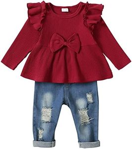 Lufebut Bebé Niñas Ropa Conjuntos Traje de Cumpleaños para Niñas Pequeñas Volante Manga Larga Top + Pantalones Vaqueros Ropa de Chicas Conjunto Rojo, 18-24 Meses
