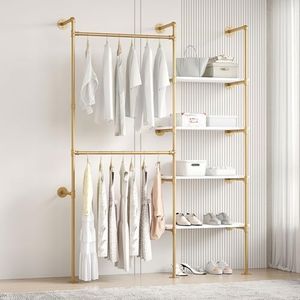 Woskar Industrial Pipe Clothing Rack, Hanging Rods Clothes Rack with Shelves, Clothes Rack for Wardrobe, Corner Closet System for Walk in Closets，Gold