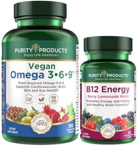 Purity Products Bundle - Vegan Omega 3-6-9 (180 ct) + B-12 Energy Melt Omega 3-6-9 (“5 in 1” Plant-Based Omega 3 6 9 Essential Fatty Acids) - B12 Berry Melt (Methylcobalamin B12 + B6 + D3 + More)