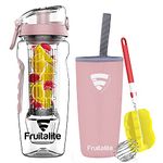 Fruitalite Fruit Infuser Water Bottle- 1 Litre, Tritan Infusion Rod with Ice Gel Ball, Carry Cover Sleeve, Infused Detox Recipes eBook, Cleaning Brush (Rose Gold,Set of 1)