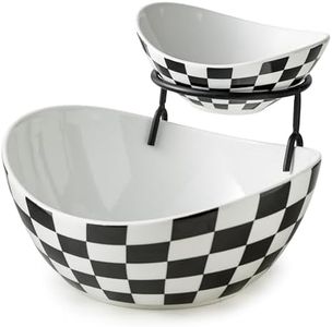 Miamolo Tiered Serving Bowls Chip and Dip Serving Set with Stand, Ceramic Appetizer Serving Dishes Platters and Trays for Parties Entertaining - Checkered Kitchen Decor