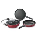 Prestige Omega Deluxe Plus BYK Set of 3(Omni Tawa 25 cm- 1U, Fry Pan 24 cm/1.7L -1 U & Kadai with Glass Lid 24 cm/2.4 L-1U, Black and Red)