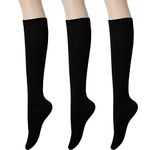 KONY Womens Cotton Knee High Socks - Casual Solid & Triple Stripe Colors Fashion Socks 3 Pairs (Womens Shoe Size 5-10) (Solid Black - 3 Pairs)