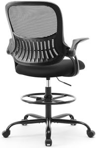 Sweetcrispy Tall Drafting Desk Chair - Ergonomic High Stool Computer with Adjustable Height and Comfy Lumbar Support, Office Rolling Counter with Flip-up Arm and Footrest, Black